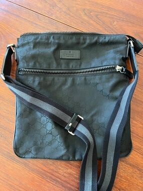 Gucci Black Monogram Messenger Bag with Striped Strap